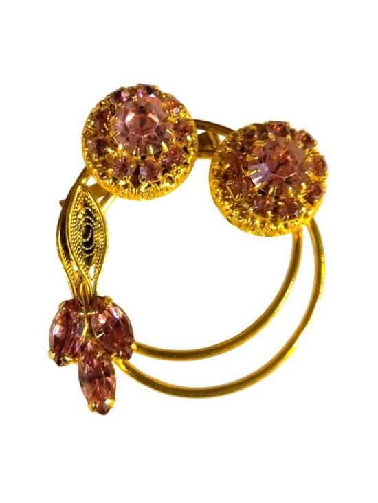 Vintage Jewelry - Brooch Pink Rhinestone Elegant Floral Design Dual Circle Gold Tone 2 Inch